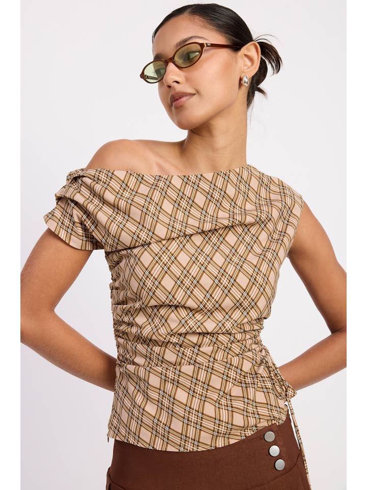 ASYMMETRIC ONE SHOULDER RUCHED PLAID TOP for wholesale on Faire