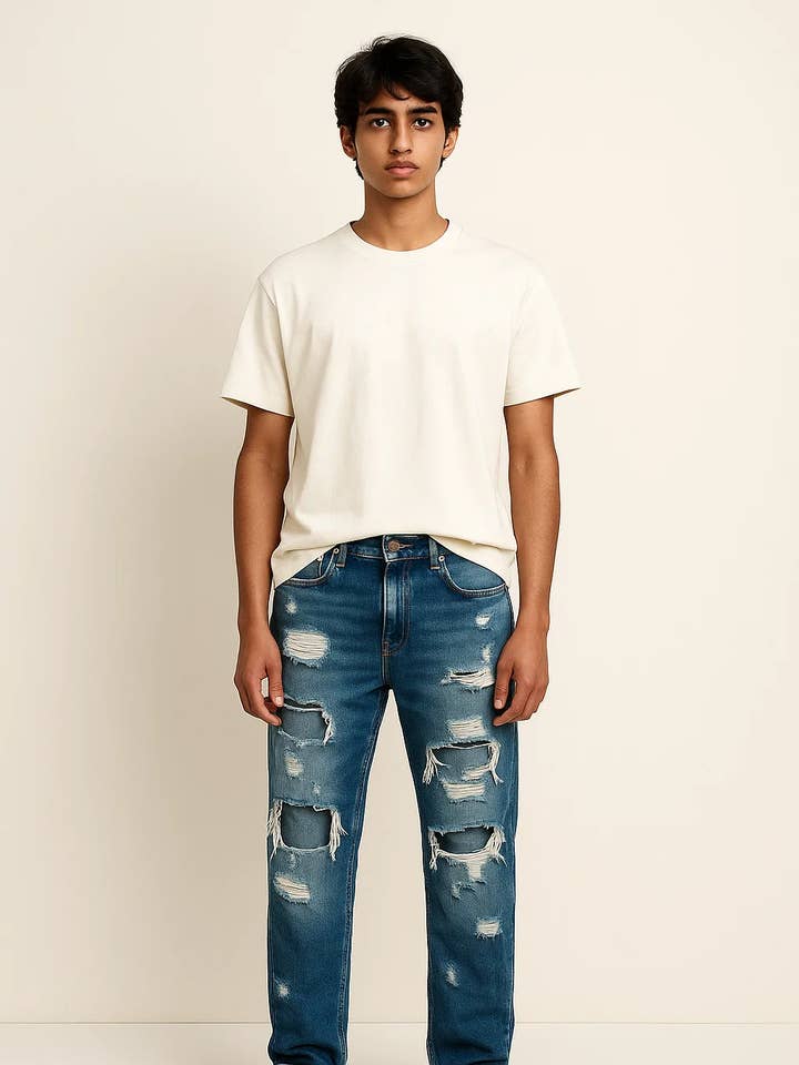 Vaqueros de hombre desgastados y rasgados en denim azul - Ropa casual ZMBD05 para venta al por mayor de Zovater Incorporation