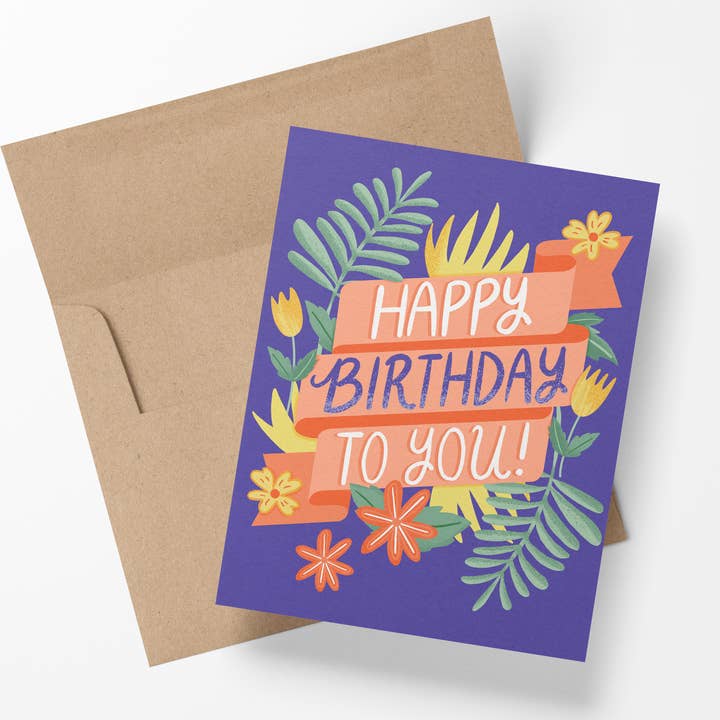 MizSant Studio - Vendita all'ingrosso Biglietti di auguri - Biglietto di compleanno floreale con scritta a mano «Happy Birthday to You»