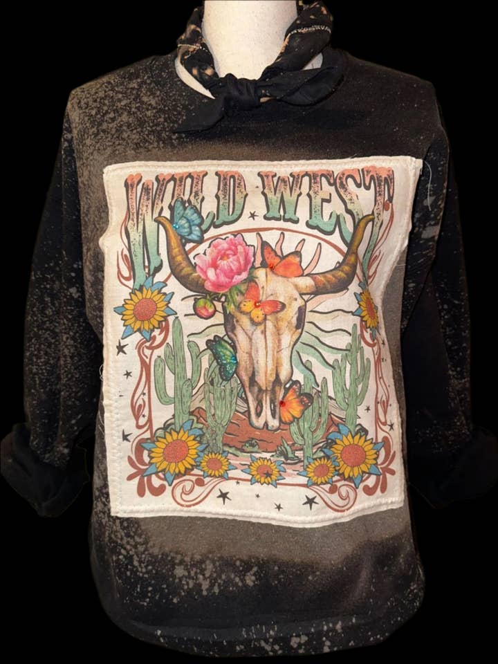 Wild West Skull cream patch on S.Bleached Black Sweatshirt for wholesale by Bling-A-GoGo, LLC