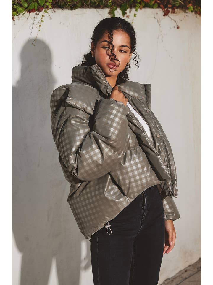 MOCHA GREY Plaid Puffer Jacket (1) for wholesale on Faire1