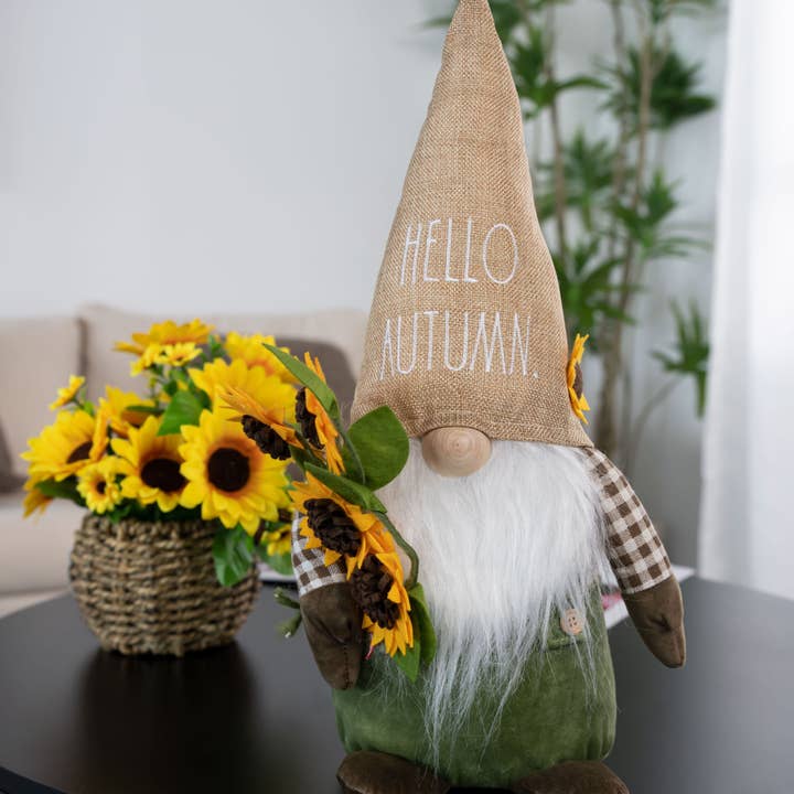 DesignStyles Home - Wholesale Decorative Tabletop Object - Rae Dunn “Hello Autumn” Fall Plush Gnome with Sunflowers