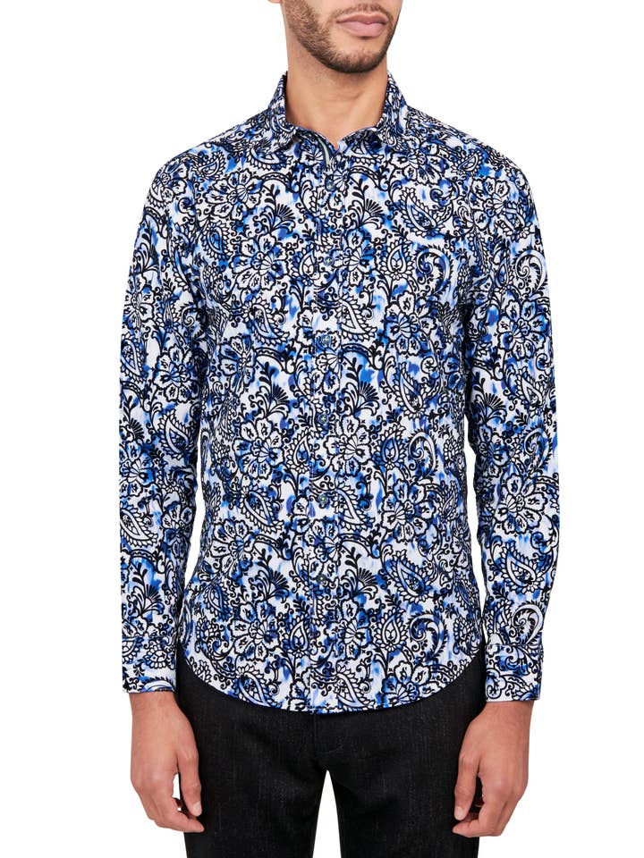 Flocked Paisley Long Sleeve Shirt for wholesale by Society of Threads