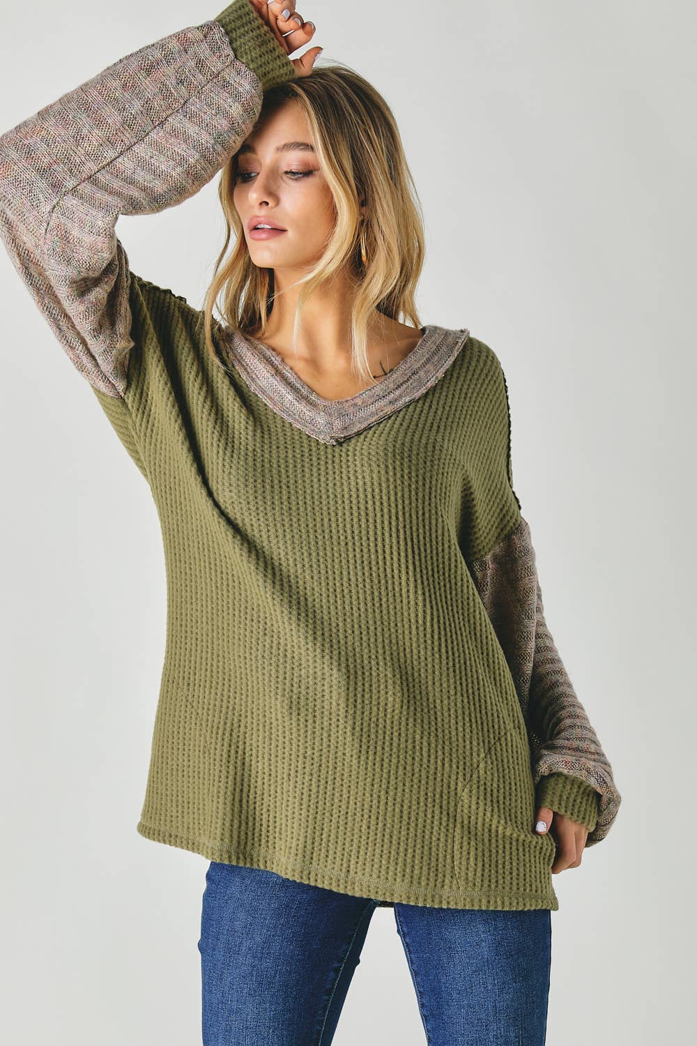 Davi & Dani - Vente Tunique – femme - PLUS LE BLOC DE COULEUR COL EN V HAUT À MANCHES LONGUES9