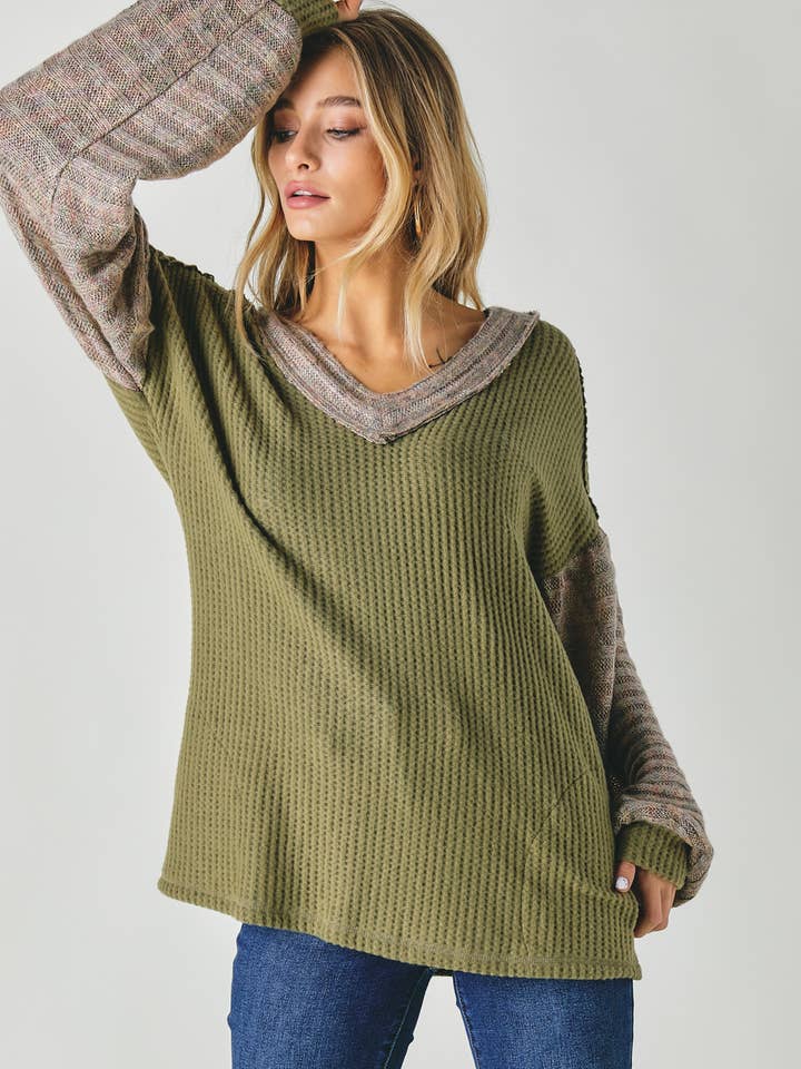 Davi & Dani - Wholesale Tunic - Women's - PLUS COLOR BLOCK V NECK LONG SLEEVE TOP9