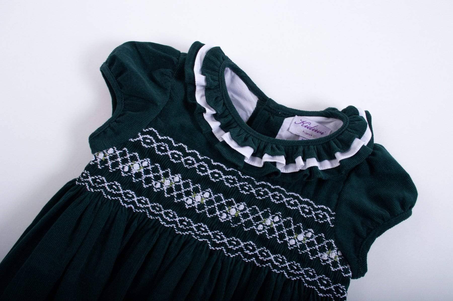 Kidiwi handmade - Wholesale Dress - Kids - Smocked green pine corduroy dress. Last size 12M2