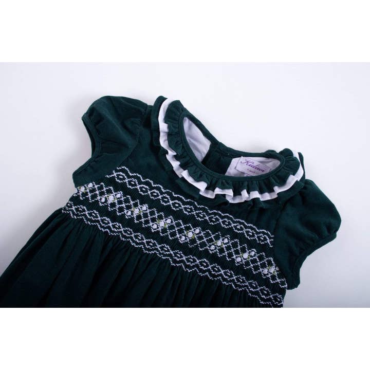 Kidiwi handmade - Wholesale Dress - Kids - Smocked green pine corduroy dress. Last size 12M2