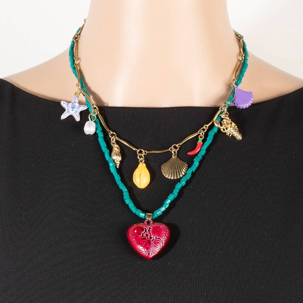 MU Sea Life Heart and Fruit Charms Layered Beaded Necklace for wholesale on Faire3