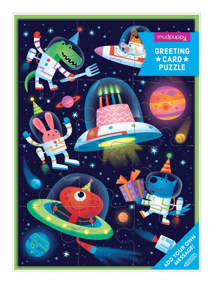 Cosmic Party Greeting Card Puzzle for wholesale by Chronicle Books