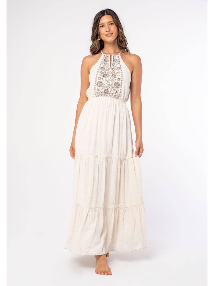Lovestitch - Wholesale Dress - Women's - Linen Blend Embroidered Halter Tiered Maxi Dress