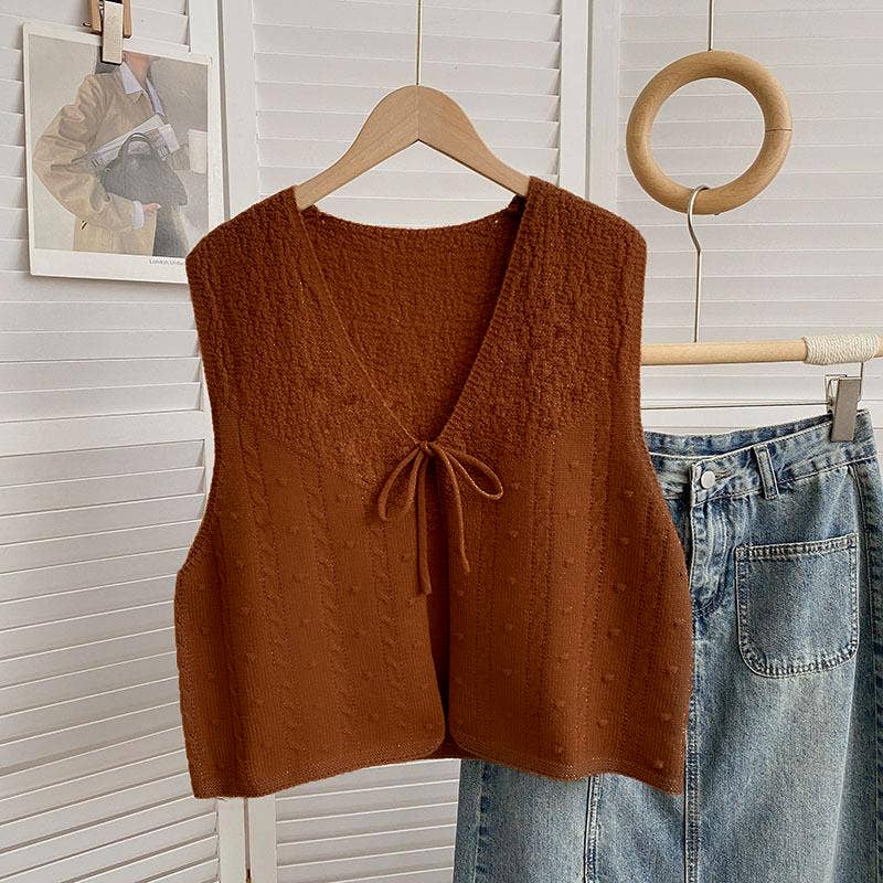 Rosa Clothing - Wholesale Knit Top - Women's - V-neck Ribbon Bow tie front lace up knit Cardigan gilets2