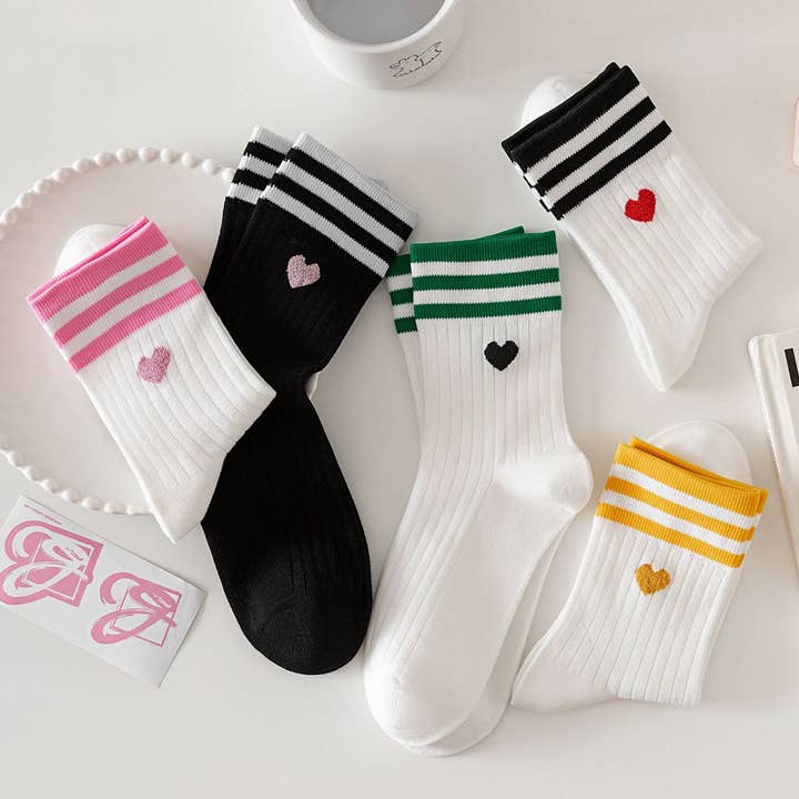 ACCITY - Wholesale Socks - Women's - College Style Heart, Two Stripes Print Crew Socks_CWMS090011