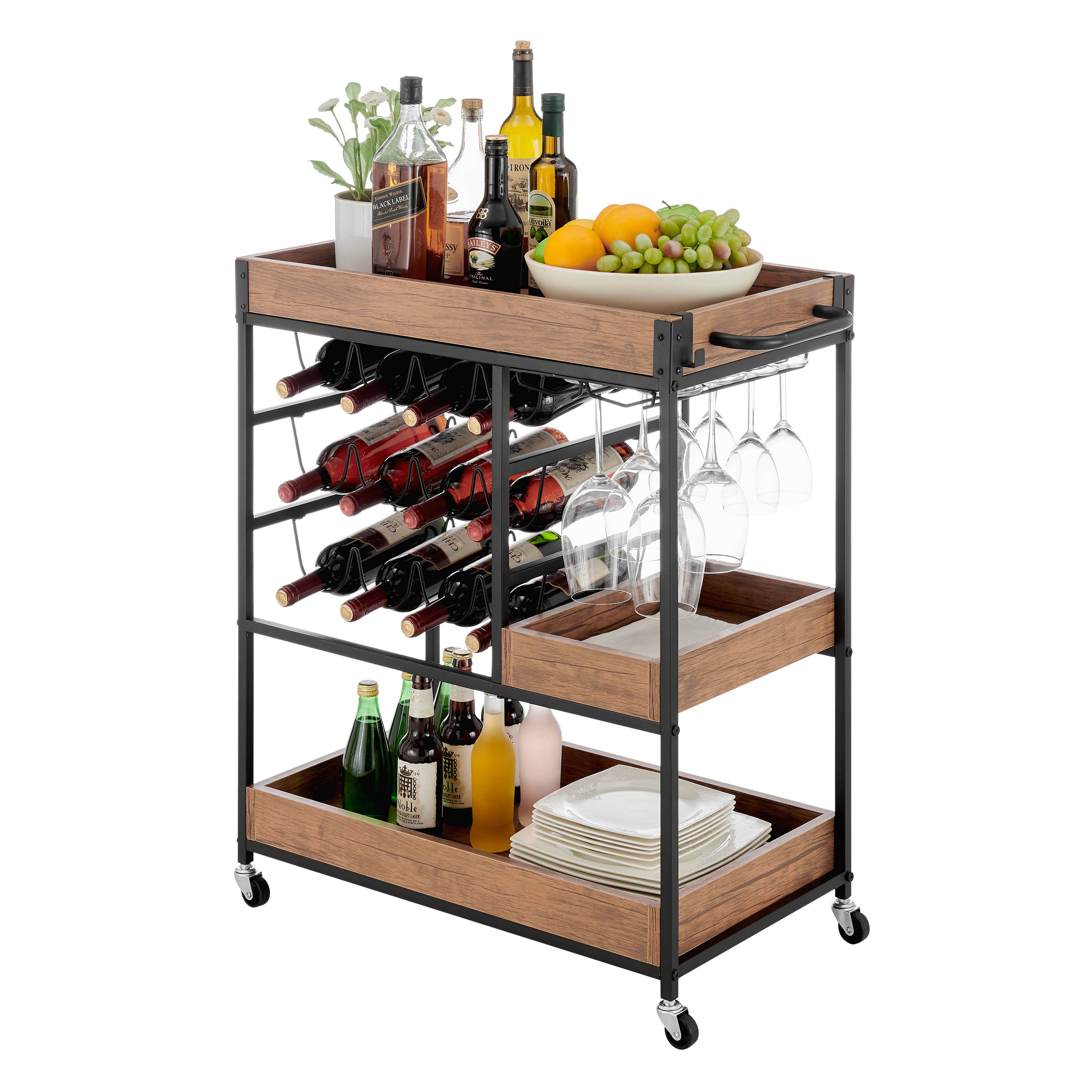 Danya B - Wholesale Bar Cart - Walnut Veneer Metal Rolling Wine Bar Cart with Storage Rack7