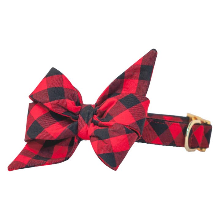 Red & Black Buffalo Plaid Belle Bow Dog Collar for wholesale by Crew LaLa