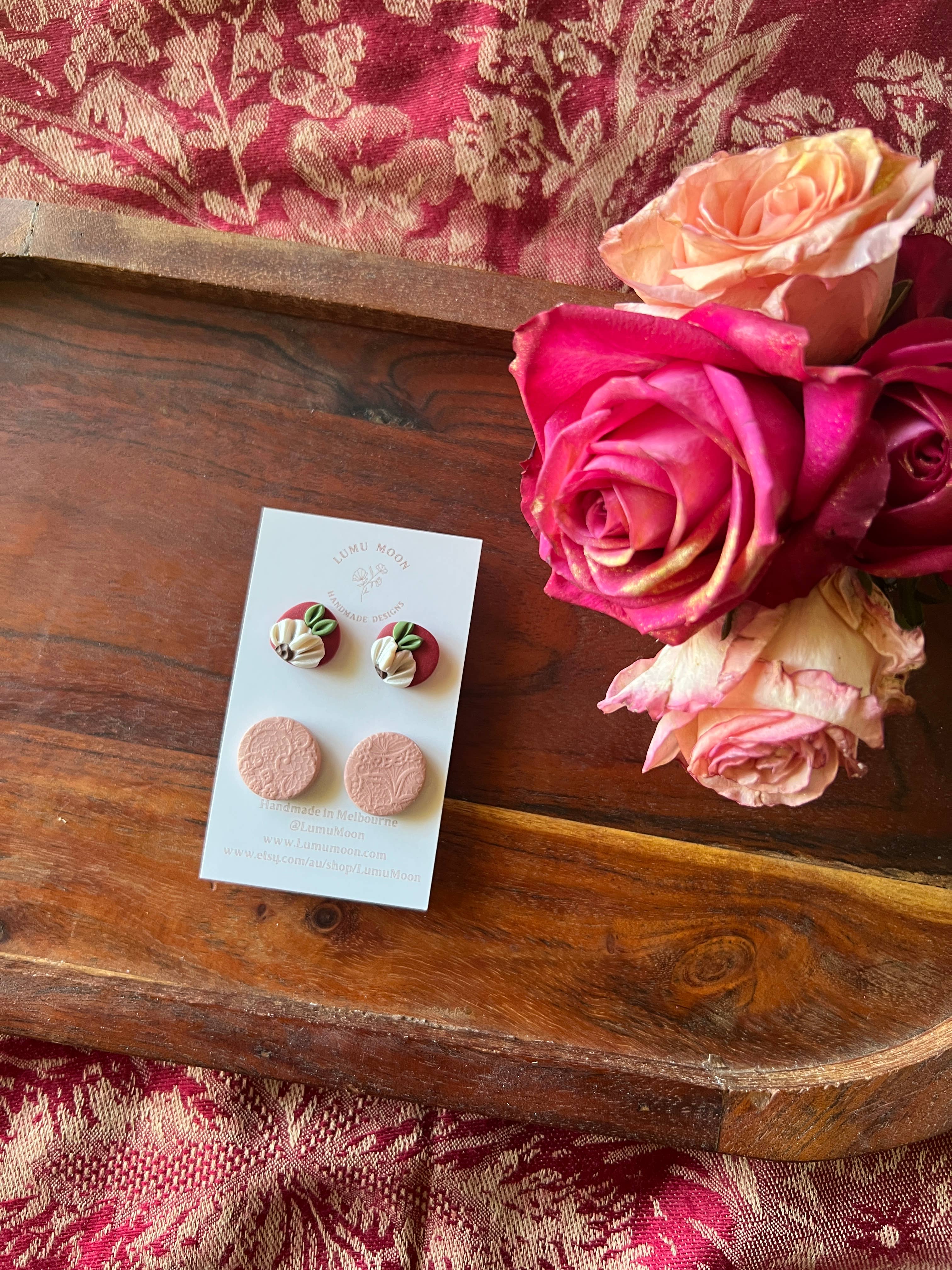 Lumu Moon Handmade Designs - Wholesale Stud/post earrings - Penny Red & Floral Earrings - 2pk Stud Pack