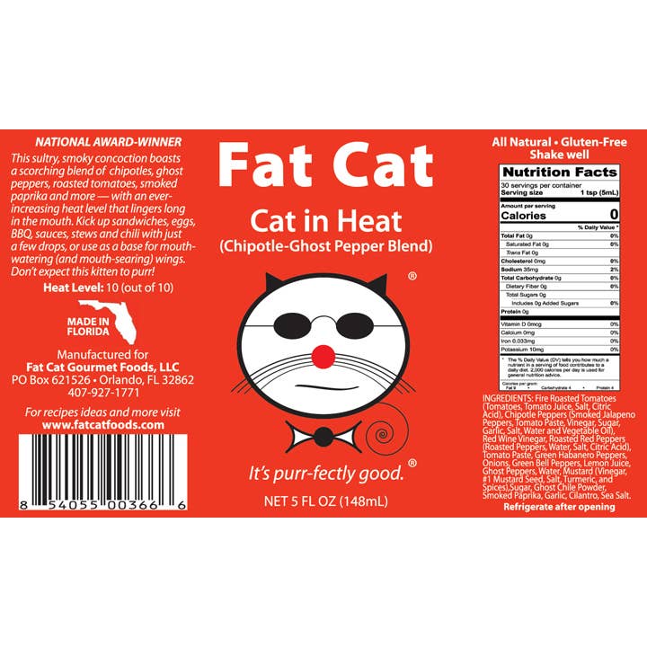 Fat Cat - Wholesale Hot Sauce - Cat In Heat Chipotle-Ghost Pepper Hot Sauce (full case-12ct)3