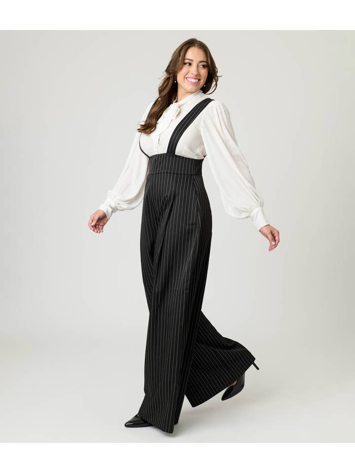 Unique Vintage - Wholesale Pants - Women's - Unique Vintage Black Pinstripe Rochelle Suspender Pants2