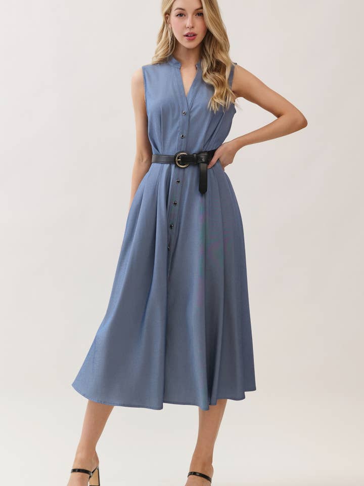 Solid Sleeveless Button Down Maxi Dress HD3283-DENIM BLUE for wholesale by B I G H I T Fashion