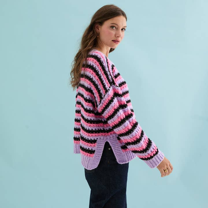 Cara & The Sky - Wholesale Cardigan - Women's - Bernice Stripe Cross Stitch Cardigan - Lilac3