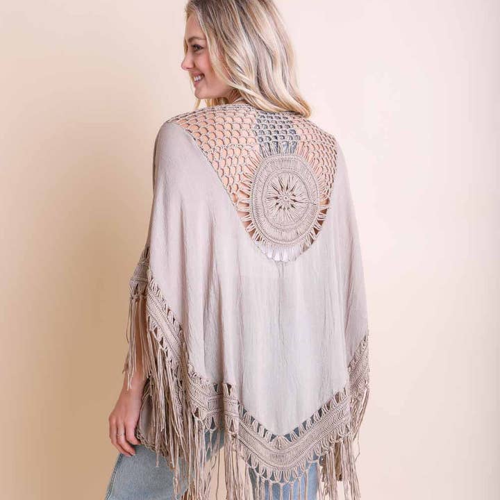 Festival-Ready Crochet Back Tasseled Kimono Jacket 🖤 and other Purchase Wholesale sheer white fabric. Free Returns & Net 60 Terms on Faire trending on Faire.