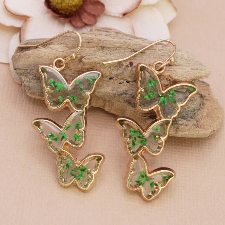 Butterfly Flock Dried Flower Gold Earrings for wholesale by ZAD