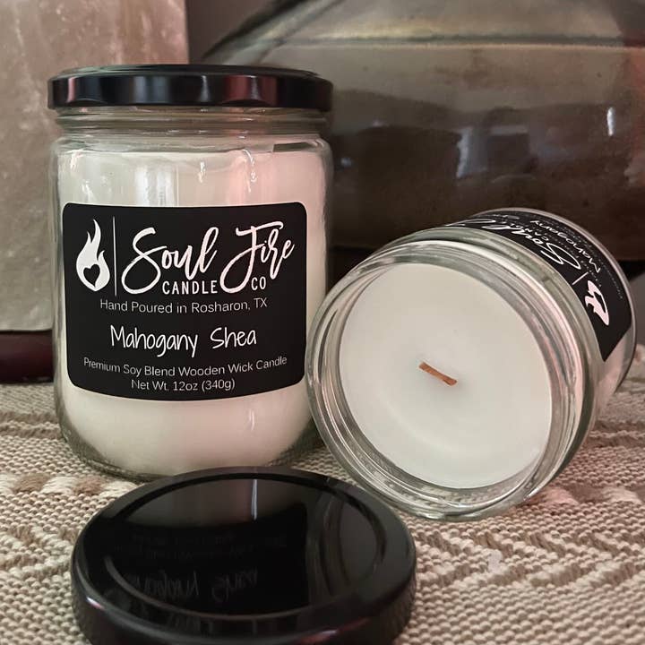 Mahogany Shea Wooden Wick Candle for wholesale by Soul Fire Candle Company