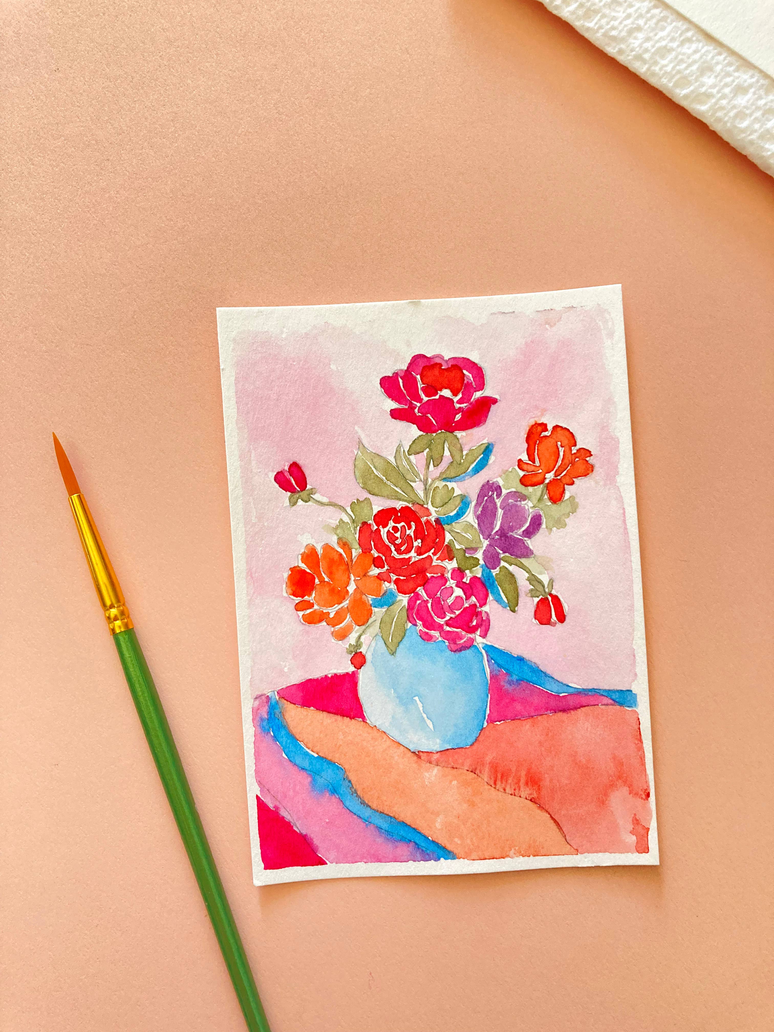 Pink Puddle Studio - Wholesale DIY Craft Kit - Pink Floral Rose Still Life Watercolor Paint by Number Kit 4