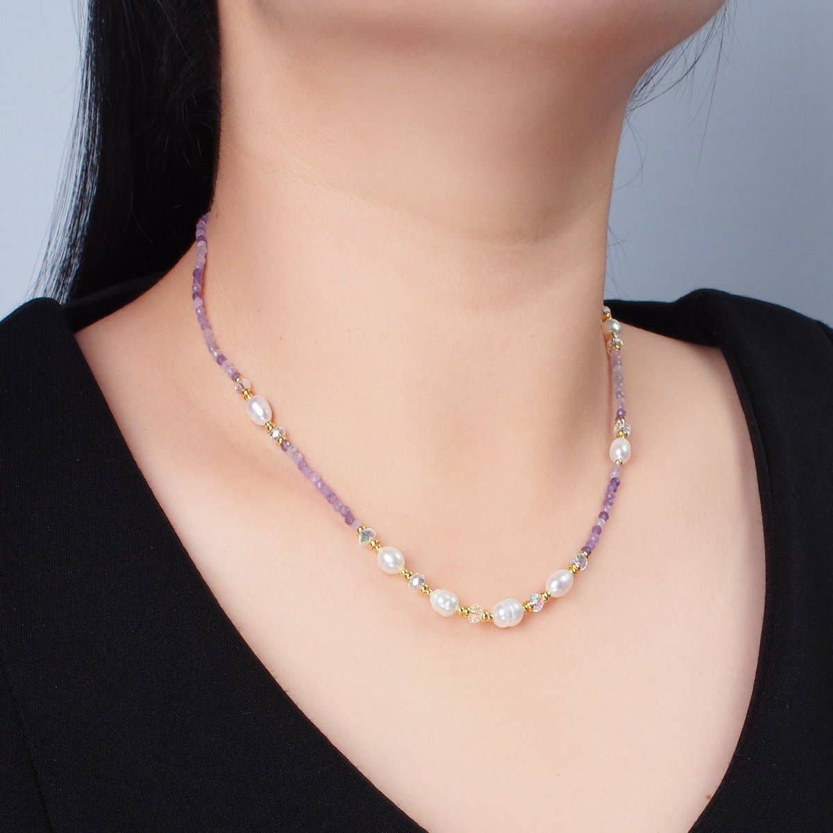 Aim Eternal - Vente Collier de perles - Collier chaîne en perles d'améthyste violette fait main avec perle d'eau douce 40 cm avec rallonge | WA25741