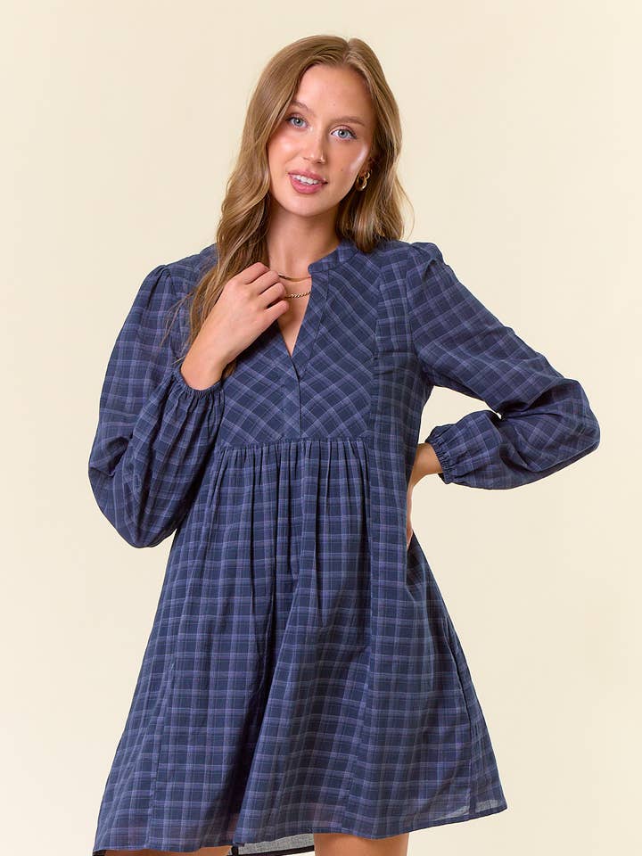 Doe and Rae – Großhandel Kleid – Damen – LANGARM-MINIKLEID AUS BAUMWOLLE MIT KARIERTEM PUFF - 27839D-10