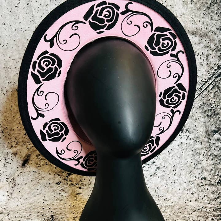 Witchwood Bags - Wholesale Fedora - Women's - Vegan Felt Wide Brim Hat - "Pastel Pink Black Rose Crown"