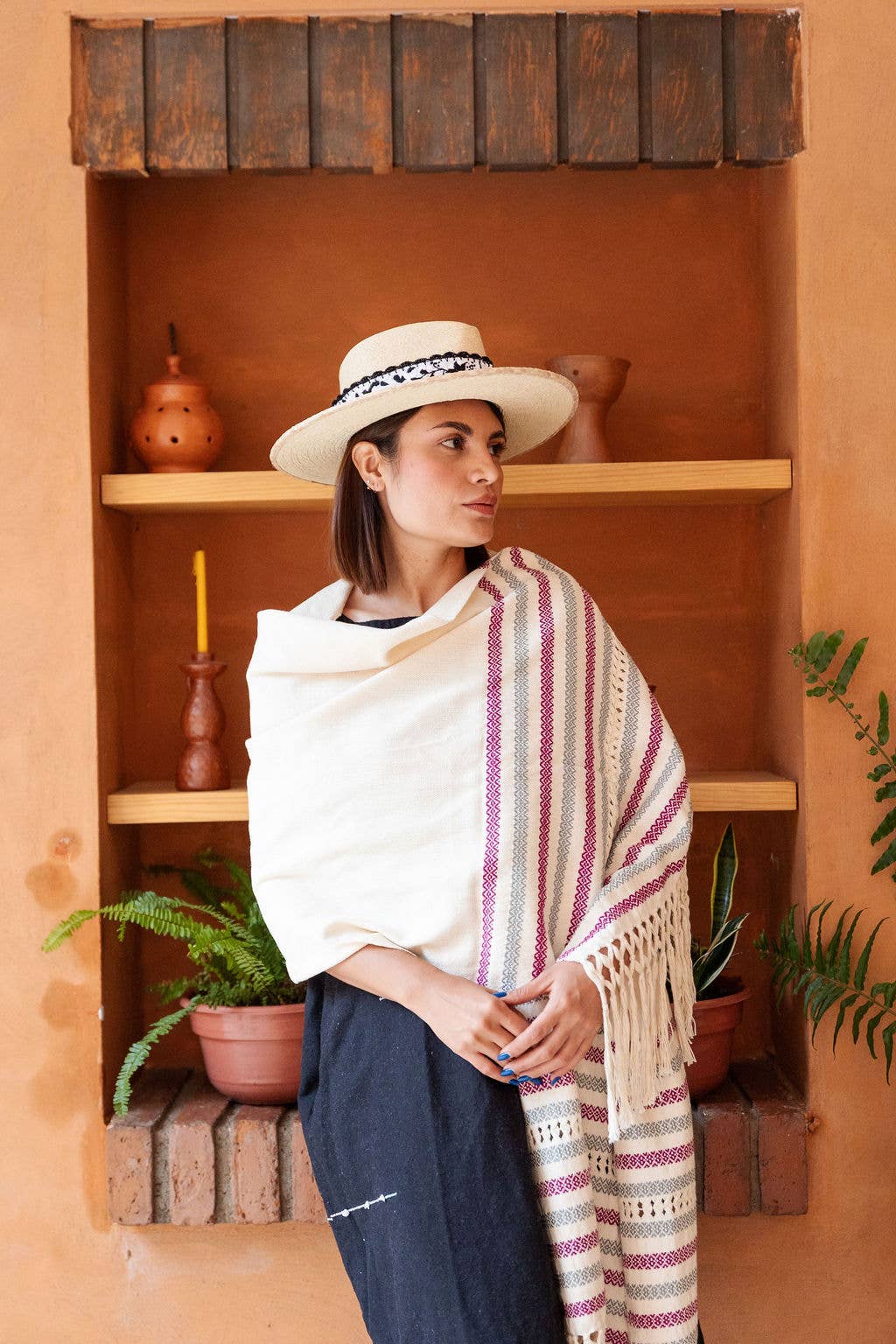 Origin Mexico – wholesale Wrap - Dam – Handvävd ekologisk bomullsjalomslag - magenta och grå 7