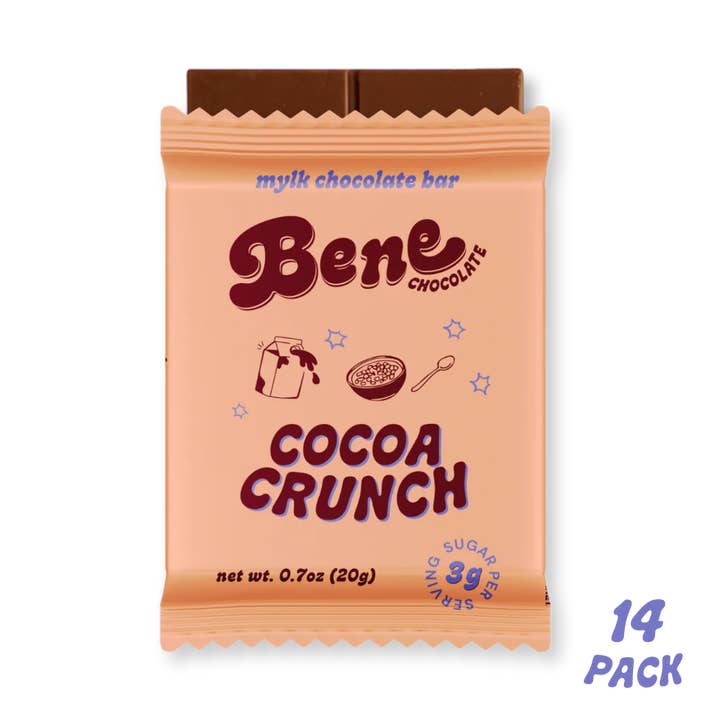 Mini Cocoa Crunch Mylk Chocolate Bar: Boost Mood (14-PACK) for wholesale by Bene Chocolate