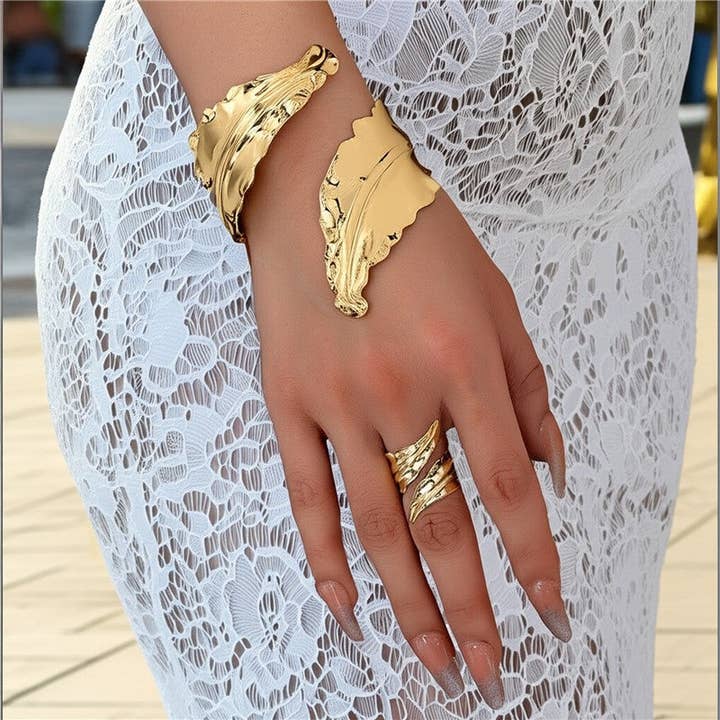 Leaf Open Bracelet Ring Two Piece Set for wholesale by Ekartini