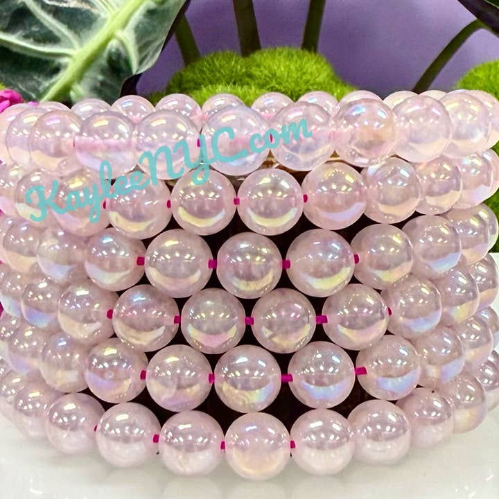 Aura Rose Quartz 8mm 7.5” Crystal Healing for wholesale by KayleeNYC