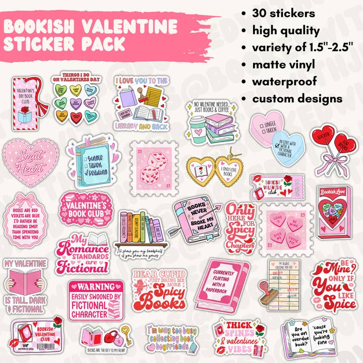 Bookish Valentine Sticker Pack for wholesale by Booked with Jess