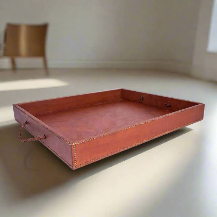 Bati Goods - Wholesale Decorative Tray - Grande | 23" Leather Ottoman Tray w/ Embroidered Handles1