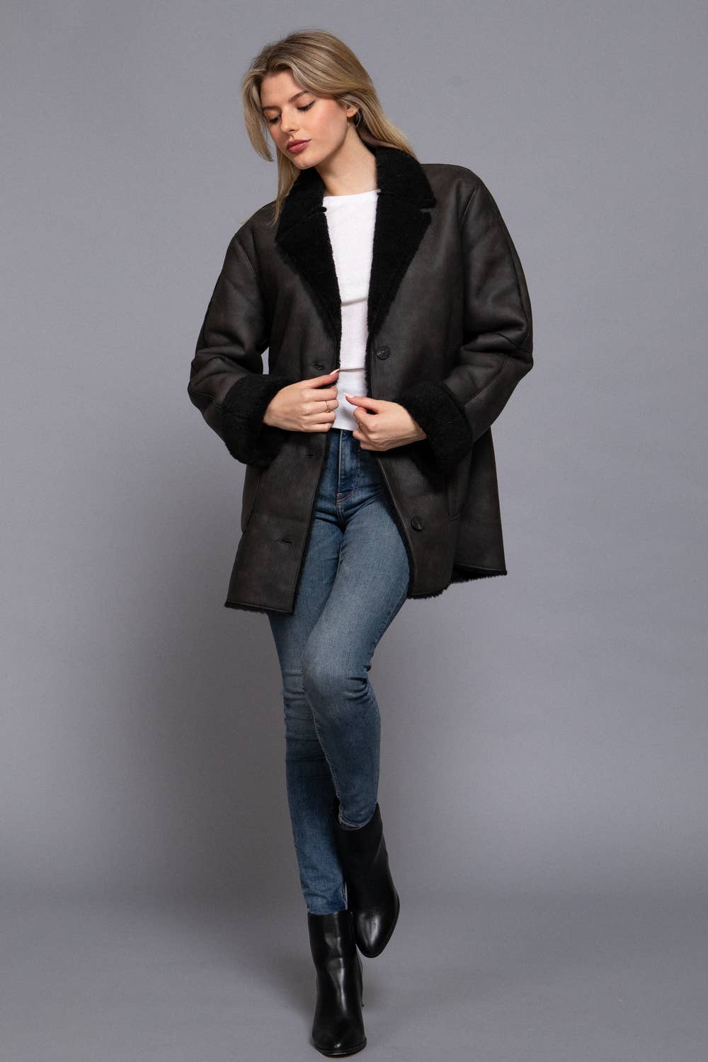 Active Basic | Active USA - Wholesale Leather Jacket - Women's - Lapel Collar Button Down Double Sided Faux Leather Coat11