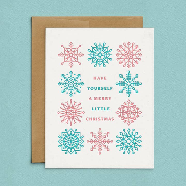 Glædelig lille jul snefnug brevtryk lykønskningskort for engroshandel hos Lickety Split Press