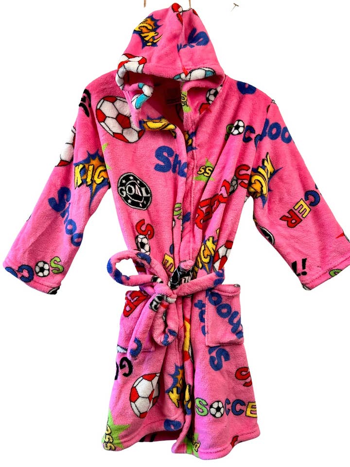 Fuzzy Pink Soccer Shootout Robe for wholesale by Made With Love & Kisses