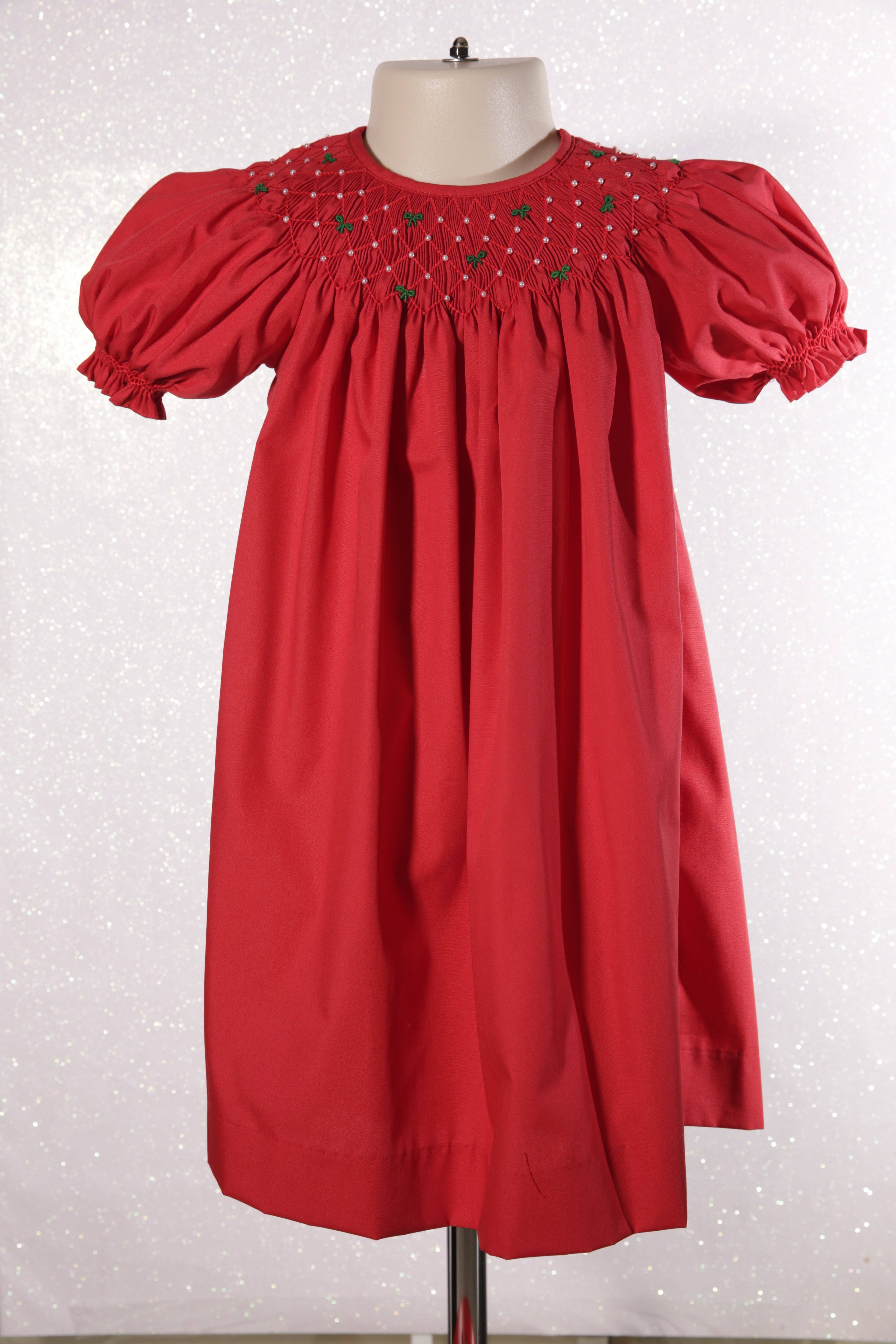 Hello Bebes! - Wholesale Dress - Baby - Christmas Red Smocked With Green Bows Bishop Dress1