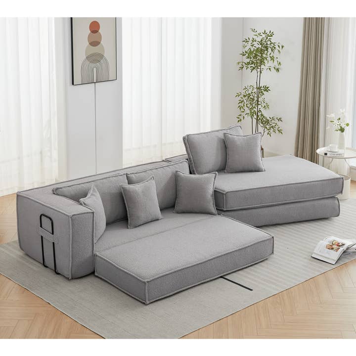 Gray Convertible 3-Seat Sleeper Sofa Bed with Lamb Velvet Fabric for wholesale on Faire