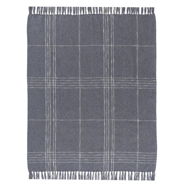 Farmhouse Blue/Ivory Plaid Cotton Blend Throw Blanket for wholesale by LR Home