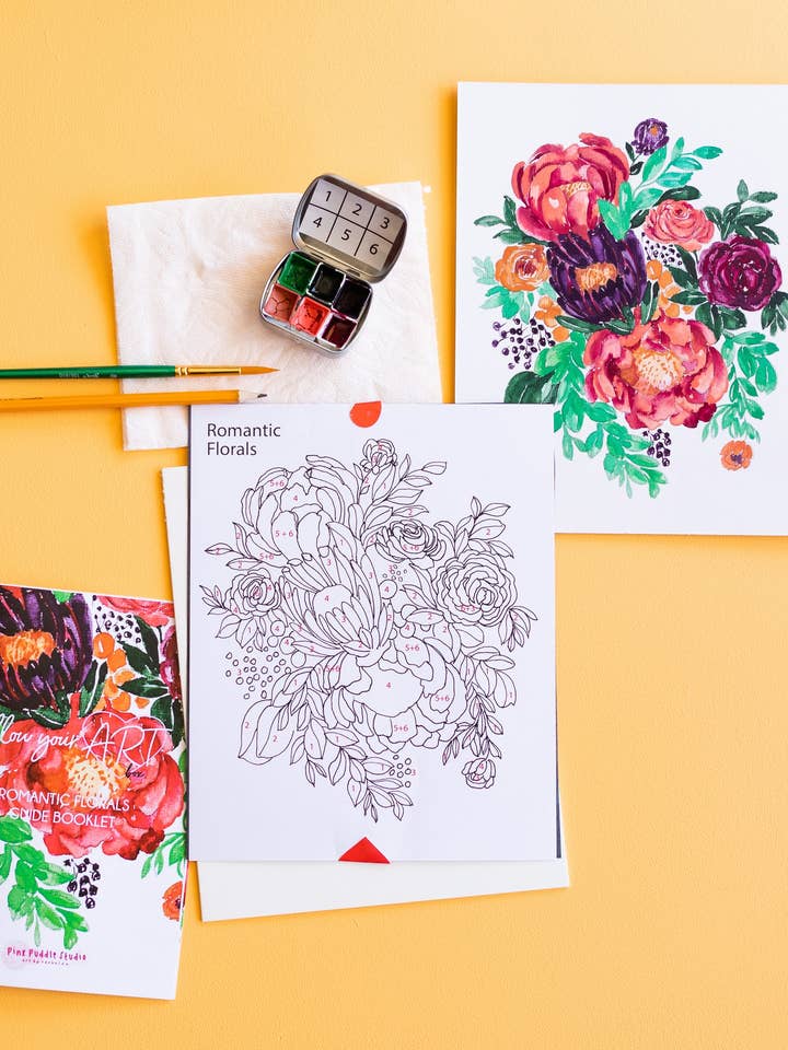 Kit de bricolage à l'aquarelle Romantic Flowers, pivoine, par numéro pour la vente par Pink Puddle Studio