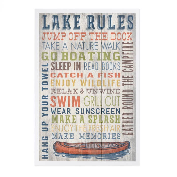 CARTES POSTALES PREMIUM Lake Rules, typographie rustique pour la vente par Lantern Press
