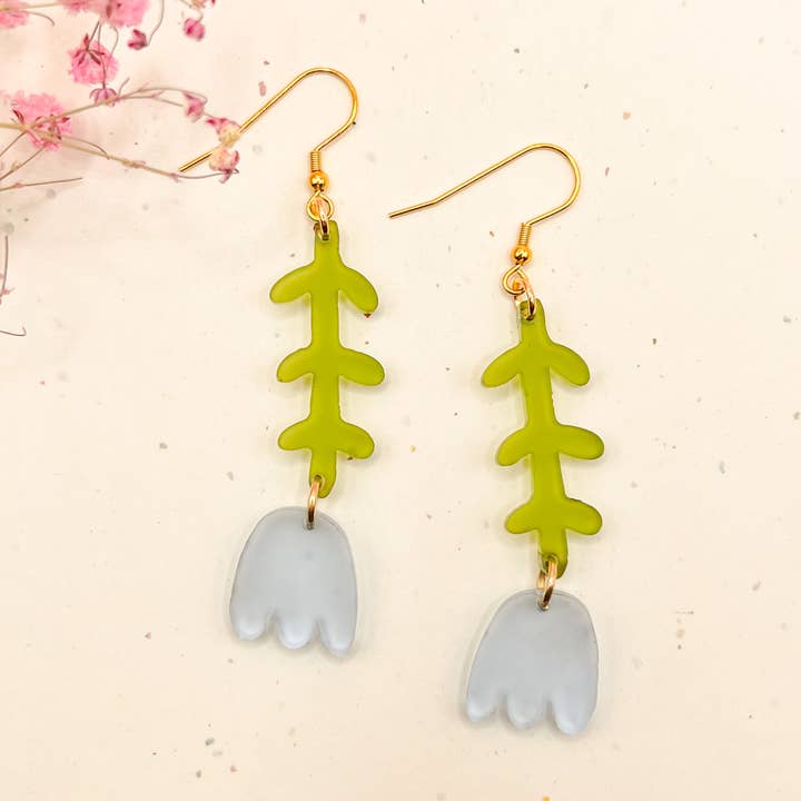 (Green/Blue) Tulip Wild Flower Charm Acrylic Earrings for wholesale by Hoity Toity Goods