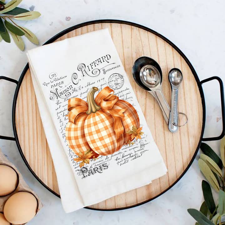 Fall Autumn French Checkered Pumpkins Flour Sack Tea Towel for wholesale by Avery Lane Gifts
