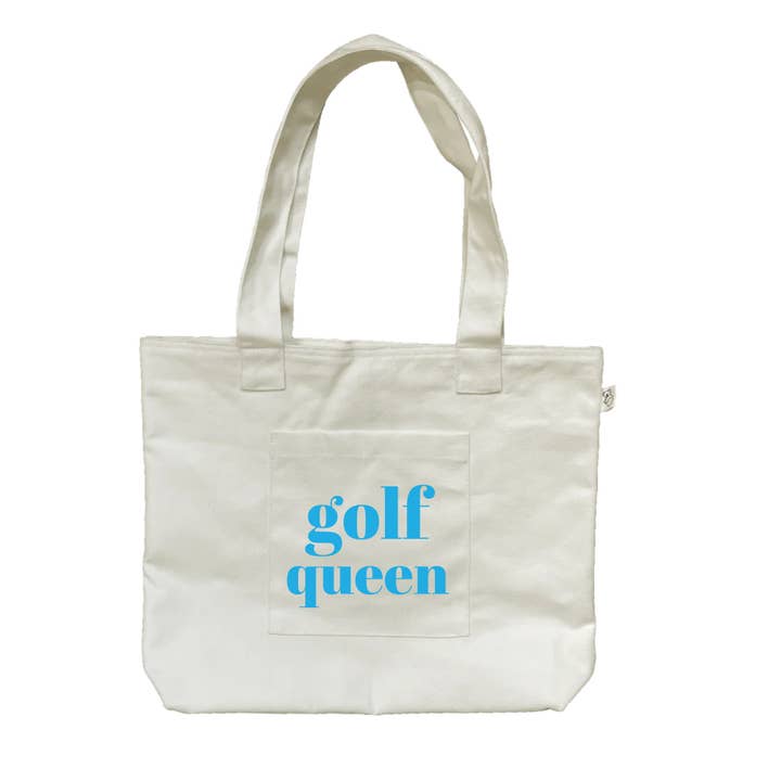 GOLF QUEEN Midi Tote - Naturel avec Bleu Capri pour la vente par Quilted Koala