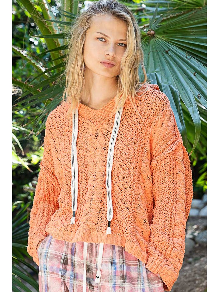 Pol Clothing - Wholesale Hoodie - Women's - Oversize fit v-neck hooded cable knit chenille sweater SALE