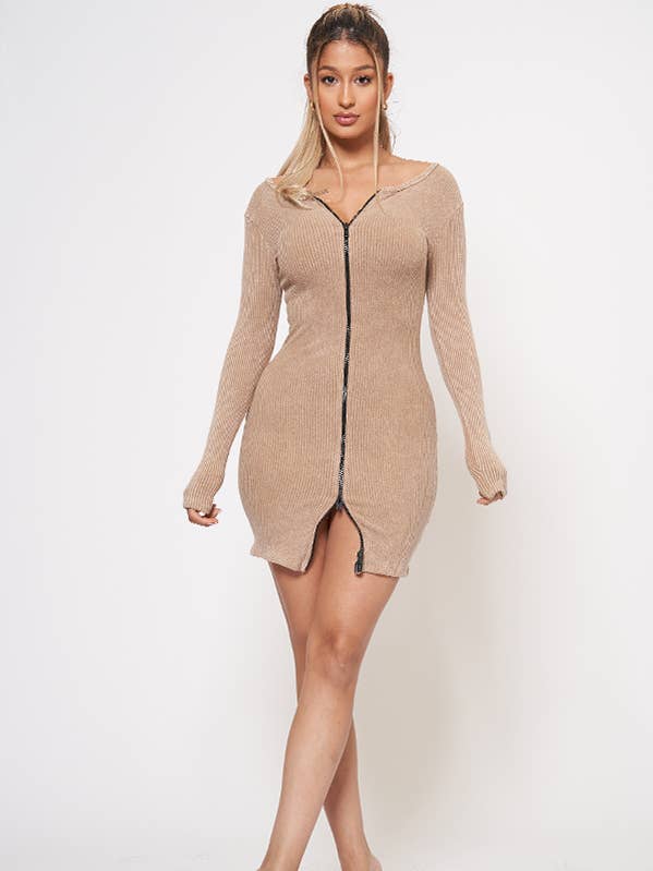WASHED RIB LONG SLEEVE FRONT ZIP UP DRESS AD2485 for wholesale by Junie