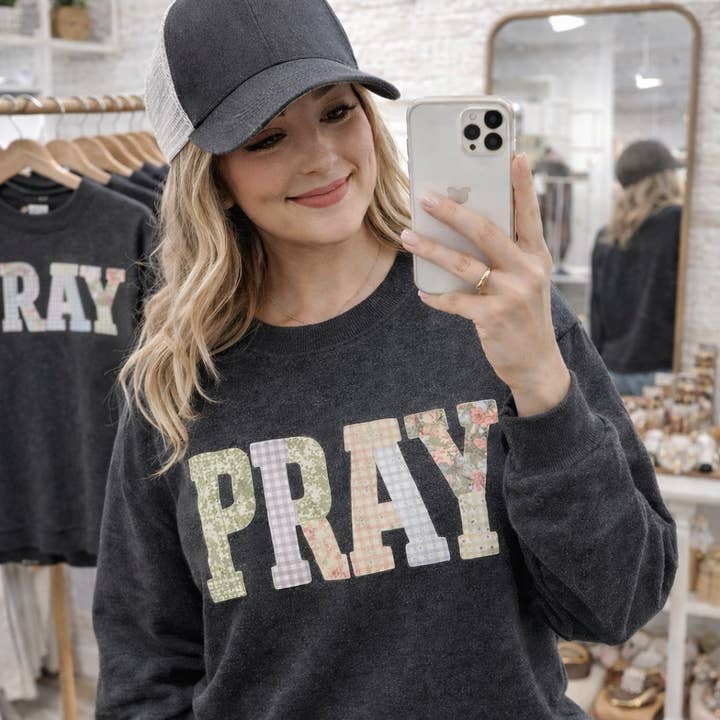 Floral Patchwork Pray Sweatshirts & T-Shirts for wholesale by Trendy Chic Apparel LLC
